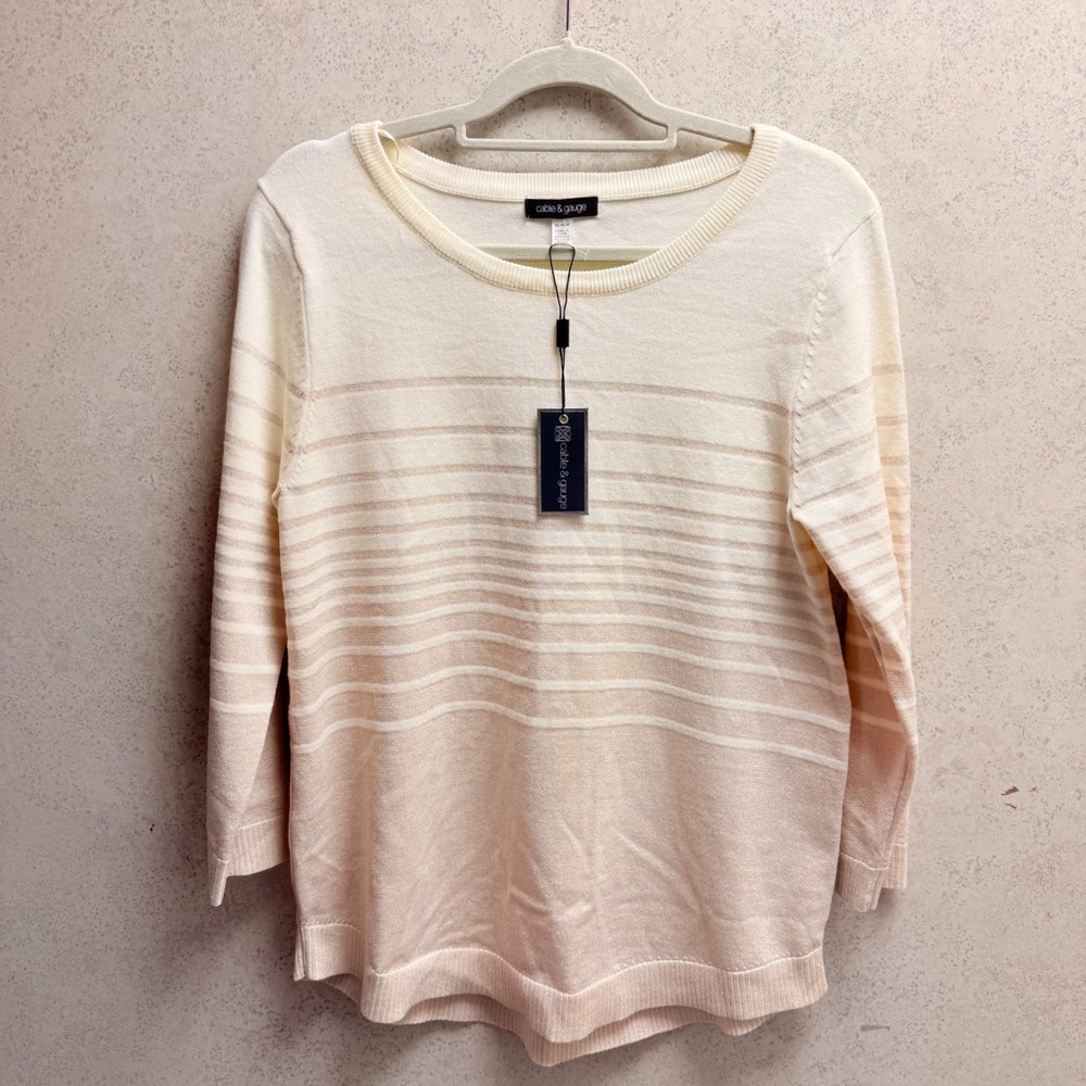 Cable & Gauge NWT M Womens Beige Striped Metallic Threading Classic Sweater